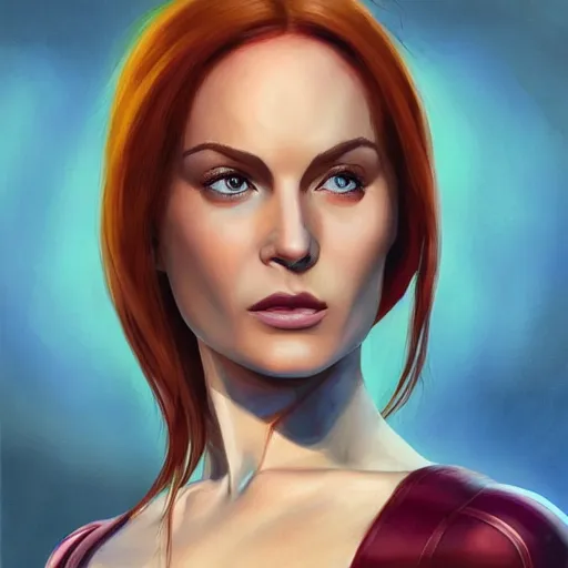 Prompt: jean grey, a half body portrait of jean grey, green eyes, comic, x - men, highly detailed, artstation, symetry, digital painting, vivid colors, realistic shaded perfect face, soft lighting, atmospheric, cinematic, moody, in the style of alex ross, oil on canvas, 8 k