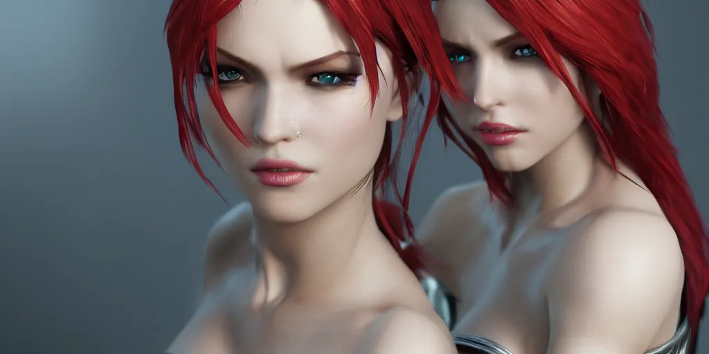 Image similar to Katarina from League of Legends, photorealistic studio portrait, studio lighting, unreal engine 5, hyperrealistic, dynamic lighting, white ambient background, realistic, highly detailed