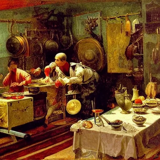 Prompt: Dramatic renaissance scene of cooking in the kitchen, maximalism, by Greg Rutkowksi and Ilya Repin