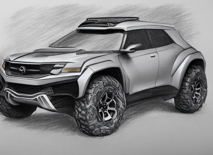 Image similar to concept non - coloring pencil drawing of a new car combined by two different genres for offroading.