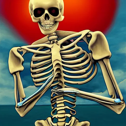 Image similar to Beautiful digital painting portrait of relaxed (((skeleton walking on the tropical beach))) with nuclear bomb explosion in the background!!!, by James Gurney, high quality, trending on Artstation, aesthetic lightning, anatomically correct skeleton, high coherence, blue sky