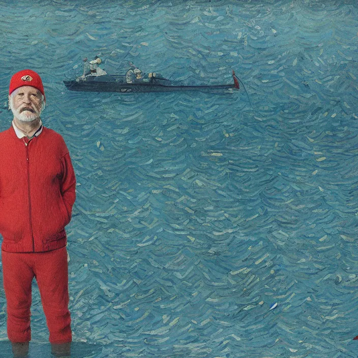 Image similar to portrait of bill murray as steve zissou, painting in the style of Wes Anderson. intricate artwork. by Van Gogh. octane render, trending on artstation, greg rutkowski very coherent symmetrical artwork. cinematic, high detail, octane render, 8k, iridescent accents