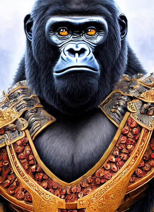 Prompt: stunning gorillas warrior portrait, full traditional chinese armor, art by artgerm, wlop, loish, ilya kuvshinov, tony sandoval. 8 k realistic, hyperdetailed, beautiful lighting, detailed background, depth of field, symmetrical face