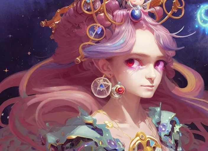 Image similar to close up picture of an maximalist dress magical girl, neat hair with bangs, smug face, extremely beautiful and aesthetic and detailed cute face and eyes, wipe out evils with cute astronaut familiar sprites, aming the magical beams to the camera, chiaroscuro, intricate, masterpiece, epic fantasy illustrations by peter mohrbacher and anato finnstark and jeremy lipking