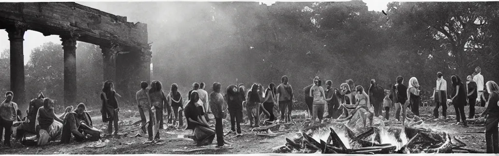 Prompt: group of humans huddled around a bonfire in a decaying building with the world outside overgrown and in ancient architecture ruins from a higher perspective with dramatic lighting photographed with an animorphic lens, rendered in a cinematic hazy dusk sunset golden hour atmosphere photographed by robert frank ( baldessari dots )
