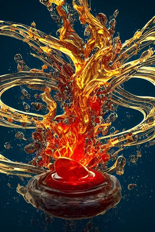 Prompt: A single elemental fire crystal glowing with power, burning hot and covered in flowing fluid art. Magic Stone. Ruby Stone. Liquid Gold. Crystal structure. Glowing Hot. Spirals. Melting. Intricate. Hyper Real. 4K. Octane Render. Empty Background. Black Background.