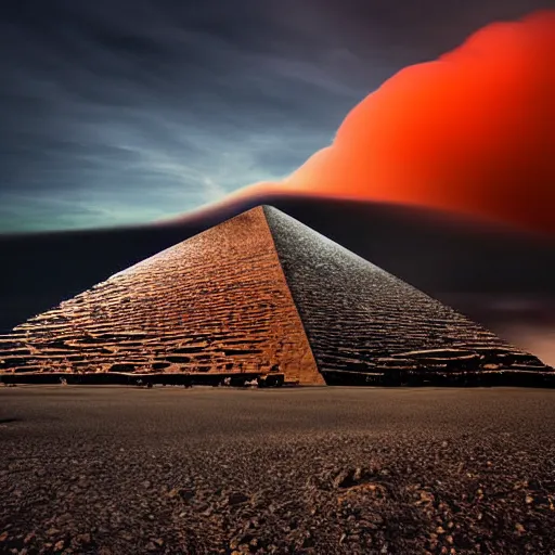 Prompt: huge pyramid in Antarctica, war, real, blue sky, smoke, red clouds, detailed, award winning, photograph, cinematic