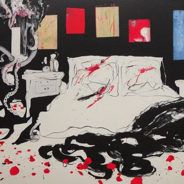 Image similar to bedroom with black walls and a futon, sensual portrait of a woman sleeping, cracked handmade pottery vase, torn paper smouldering smoke, candles, white flowers on the floor, puddle of water, octopus, squashed berries, neo - expressionism, surrealism, acrylic and spray paint and oilstick on canvas