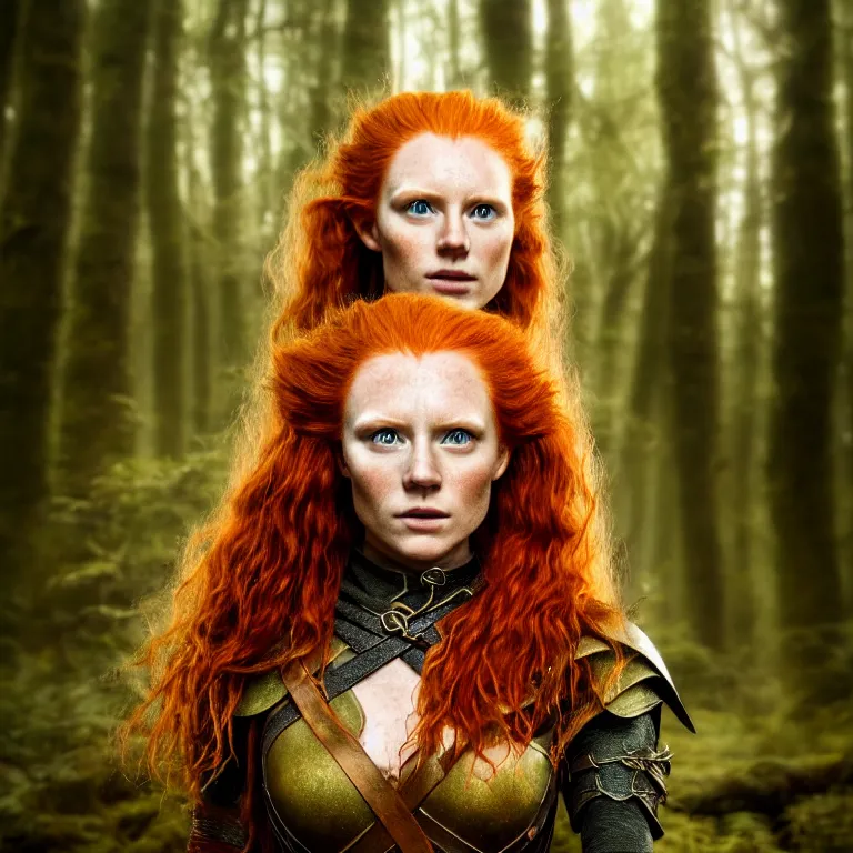 Image similar to 5 5 mm portrait photo of an armored handsome well - built female warrior, red hair, ginger hair, in a magical forest in the style of lord of the rings, highly detailed 8 k. intricate. lifelike. soft light. nikon d 8 5 0. cinematic post - processing