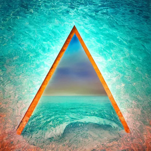 Image similar to water artwork manipulation inside the shape of a downward - facing triangle, on the ocean water, ray tracing, realistic water, focus, long shot, 8 k resolution, cinematic, water art photoshop