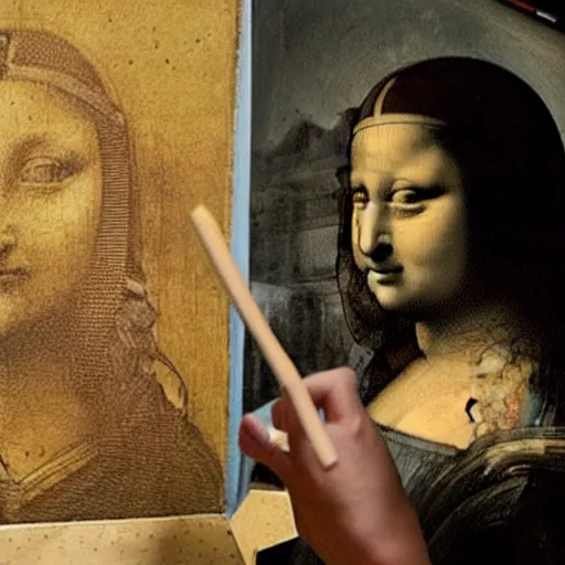 Image similar to rare old photo from behind of leonardo da vinci painting his unfinished painting of monalisa