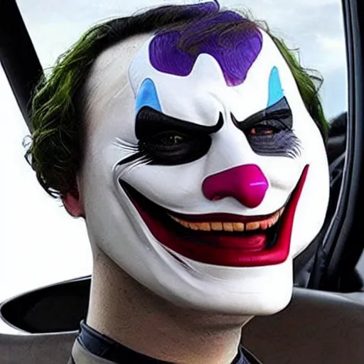 Prompt: modern car whose mask resembles the face of the joker from the batman movie