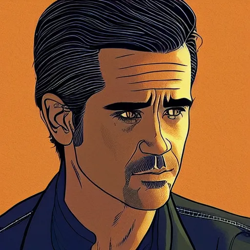 Image similar to “ colin farrell retro minimalist portrait by jean giraud, moebius starwatcher, high detail, intricate linework, sharp, smooth face, colors, comic, 8 k ”