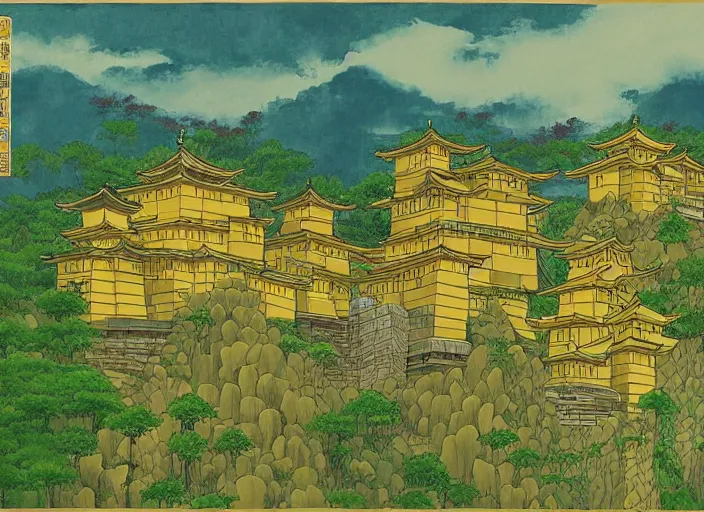 Prompt: japanese yellow fortress in a city inside the bamboo forest by studio ghibli painting