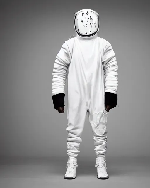 Image similar to Yeezy designed space suit, model, studio photography, clothing drop, unreleased, Yzy, YZY GAP, Balenciaga, minimalist, dystopian feel