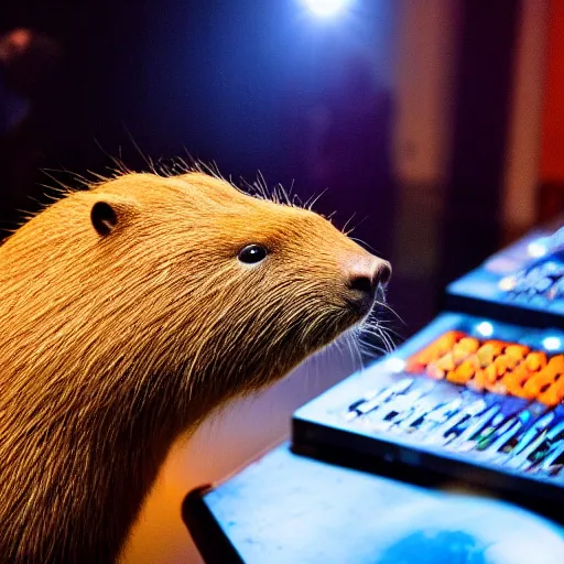 Prompt: Capybara DJing at a club, HD photograph, award-winning