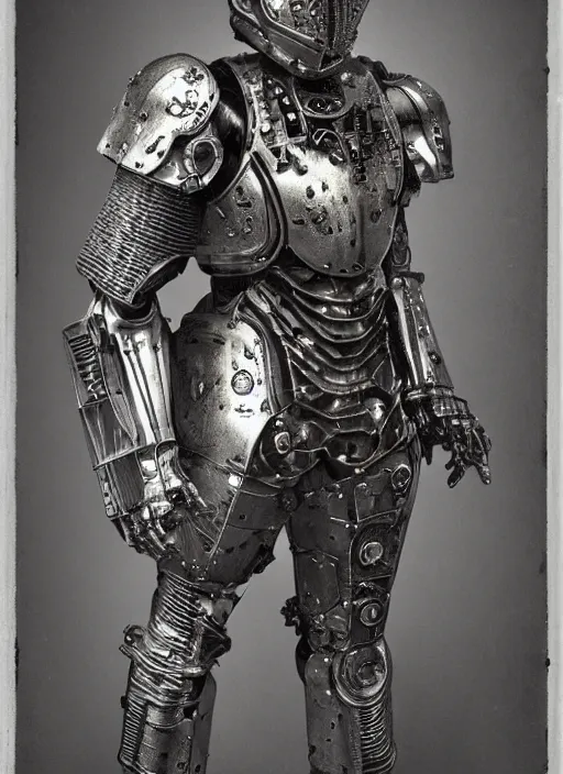 Image similar to old 1 9 th century wetplate daguerreotype portrait of a futuristic silver armored knight district 9 cyborg, fractal, intricate, elegant, highly detailed, subsurface scattering, by jheronimus bosch and greg rutkowski,