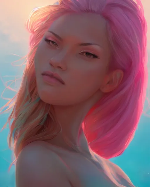 Prompt: summer vibes, beautiful sun tanned goddess portrait, flowy pink hair, sun, summer, cinematic lighting, highly detailed, digital painting, trending on artstation, pixiv, concept art, sharp focus, illustration, art by ross tran and wlop