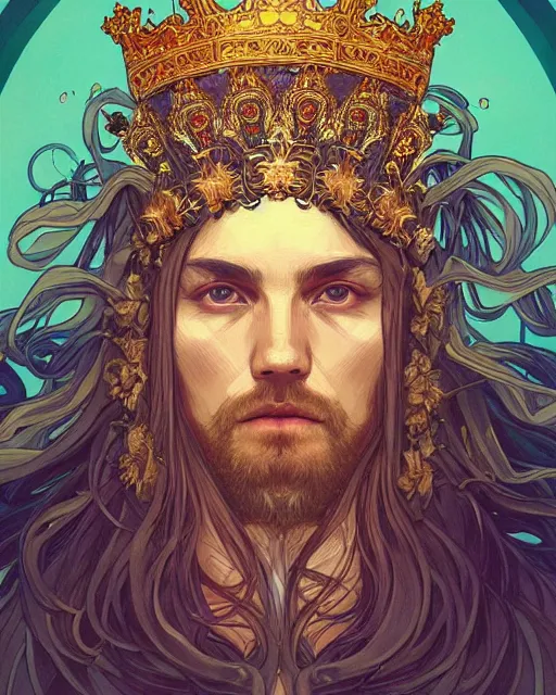 Image similar to symmetrical, centered, young and handsome god close - up portrait wigh crown made of skulls. artwork by tooth wu and wlop and alena aenami and alphonse mucha, brian froud, pablo amaringo