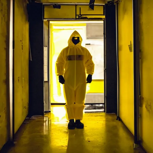 Prompt: a man wearing a yellow hazmat suit inside the dark empty backrooms, liminal space, flickering fluorescent lights, eerie mood