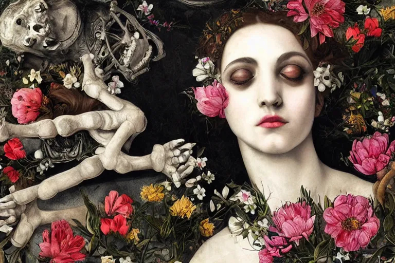 Image similar to a greek goddess dreaming about her mortality, lying on a bed of flowers and bones, large eyes and lips, HD Mixed media collage, depth of field, liminal space, highly detailed and intricate, surreal illustration in the style of Caravaggio, baroque dark art