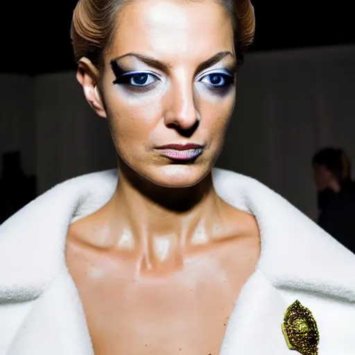 Prompt: a beautiful portrait of young flavia lucini as femme fatale bond villain, highly detailed, in the style of cinematic, getty images, milan fashion week backstage, makeup by pat mcgrath, greg rutkowski