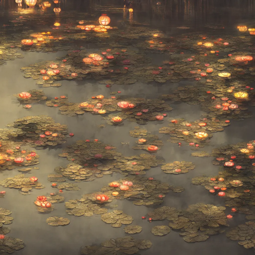 Prompt: grand festival, river lanterns and lotus flowers floating on the water, chinese watercolor style, trending on artstation, global illumination, radiant light, night lighting, art by wlop and greg rutkowski,, detailed and intricate environment, 8 k