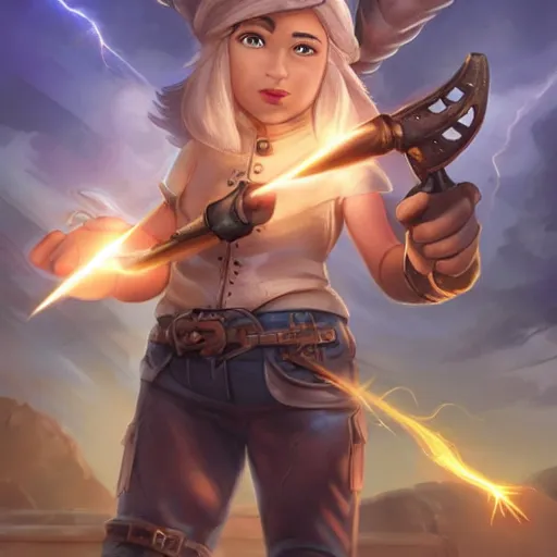 Image similar to female gnome engineer with pixie undercut hair, blasting lightning from metal gauntlet covering her arm, standing on a ship deck, full body portrait, lightning fantasy magic, naval background, D&D, piercing stare, highly detailed, digital painting, HD, ArtStation, great composition, concept art, matte, sharp focus, illustration, art by artgerm and Greg Rutkowski