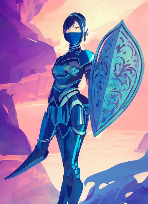 Image similar to a young woman in blue full plate armor in a dramatic pose. the armor glows, bursting with light from the decoration. clean cel shaded vector art. shutterstock. behance hd by lois van baarle, artgerm, helen huang, by makoto shinkai and ilya kuvshinov, rossdraws, illustration, art by ilya kuvshinov