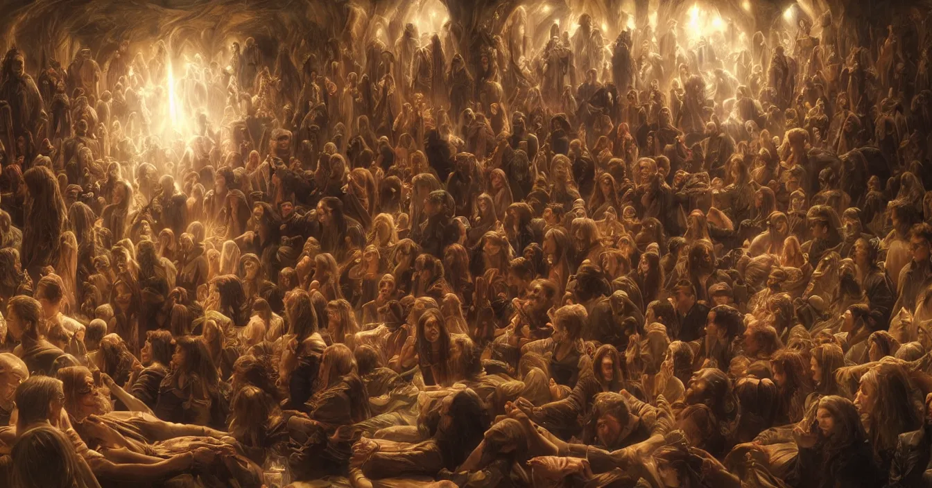 Image similar to human souls sit in the cinema and watch volumetric light of consciousness projecting their lives on the big screen, realistic, deep sense of spirituality, visual plasticity, unreal engine quality, raytracing, vray shading, style of donato giancola