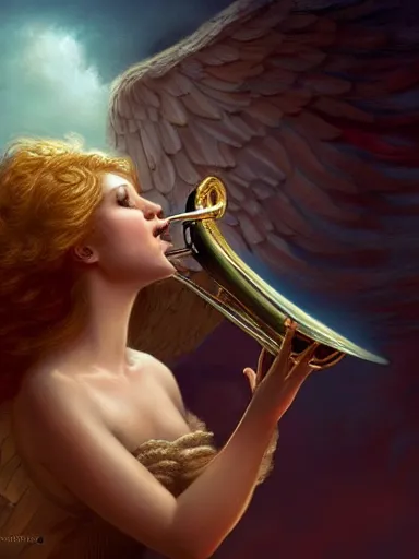 Prompt: a beautiful angel blowing a trumpet. apocalyptcal background, end of the world. intricate, elegant, highly detailed, digital painting, artstation, concept art, sharp focus, illustration, by justin gerard and artgerm, 8 k