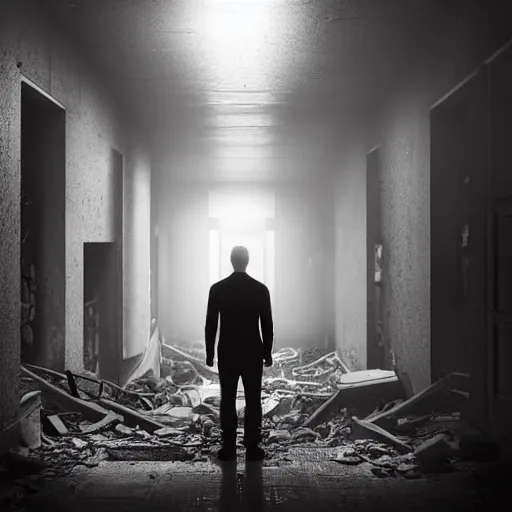 Image similar to A mysterious man standing in the middle of a stair hallway looking in the direction of the camera, the man is using a flashlight in a City in ruins with trees growing from the destroyed buildings :: apocalyptic, gloomy, desolate :: long shot, low angle, dramatic backlighting, symmetrical photography :: cinematic shot, highly detailed