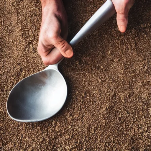 Prompt: man holding giant spoon saying only a spoonful