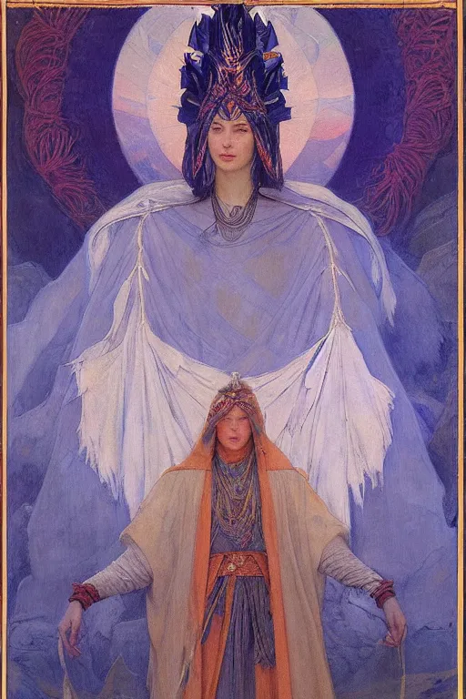 Image similar to queen of the dawn mountains with her regalia, by Annie Swynnerton and Nicholas Roerich and jean delville, dramatic cinematic lighting , ornate headdress , flowing robes, lost civilizations, extremely detailed