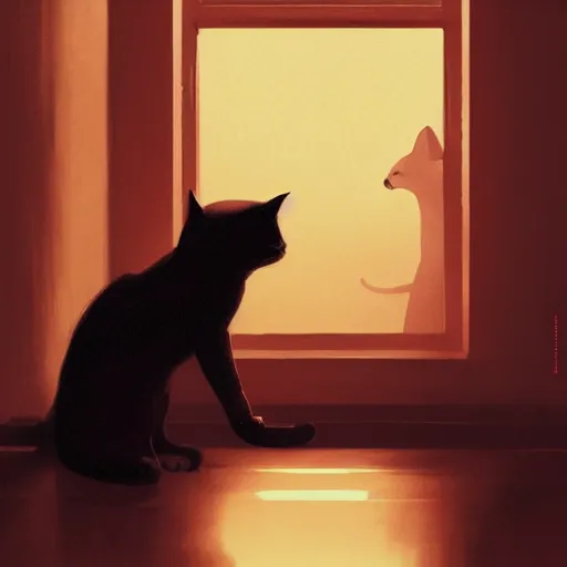 Image similar to close up of a cat stretching, in a house hallway, silhouette, warm colors, beautiful composition, by Atey Ghailan, by Craig Mullins and Dan Mumford, digital art, matte painting, trending on artstation,