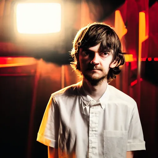 Prompt: madeon looking longingly to the left, harsh red lighting, studio photograph, award winning