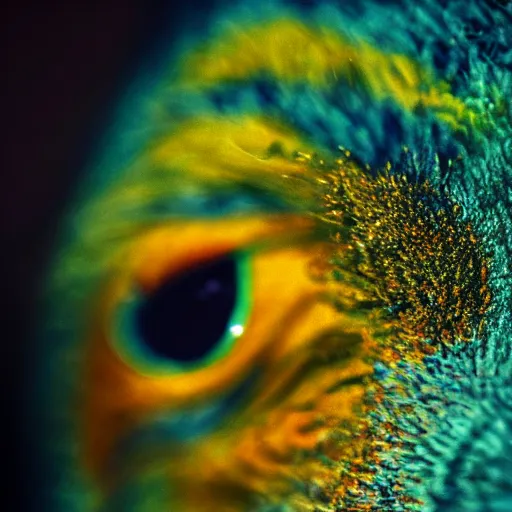 Image similar to fiery whimsical emotional eyes of a microscopic griffin, in a photorealistic macro photograph with shallow DOF