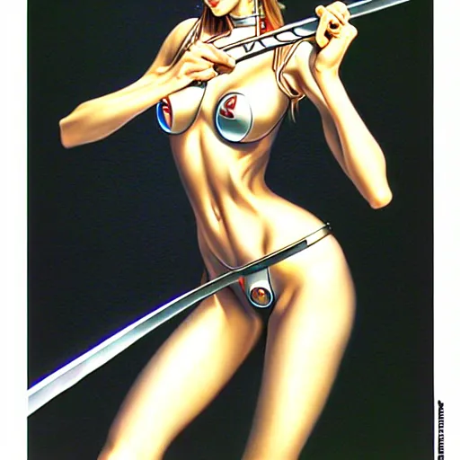 Image similar to pixel girl with sword, by hajime sorayama