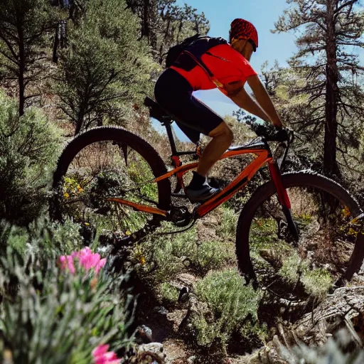 Prompt: a flamingo riding a mountain bike through juniper trees in the mountains, wildflowers are in bloom, 8 k cinematic bright