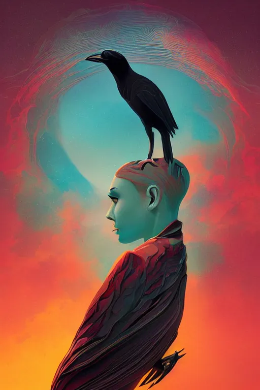 Prompt: 3 d, sci - fi, morning, raven bird, sun, cinematic, lightning clouds, vogue cover style, copper and deep teal mood, figurative art, poster art. style by petros afshar, christopher balaskas, goro fujita, and rolf armstrong.