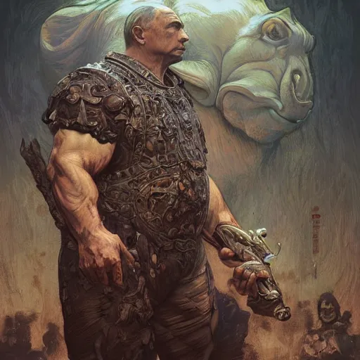 Image similar to Vladimir Putin is a huge pig in dirt, intricate, highly detailed, digital painting, artstation, concept art, smooth, sharp focus, illustration, evil, horrifying, art by artgerm and greg rutkowski and alphonse mucha