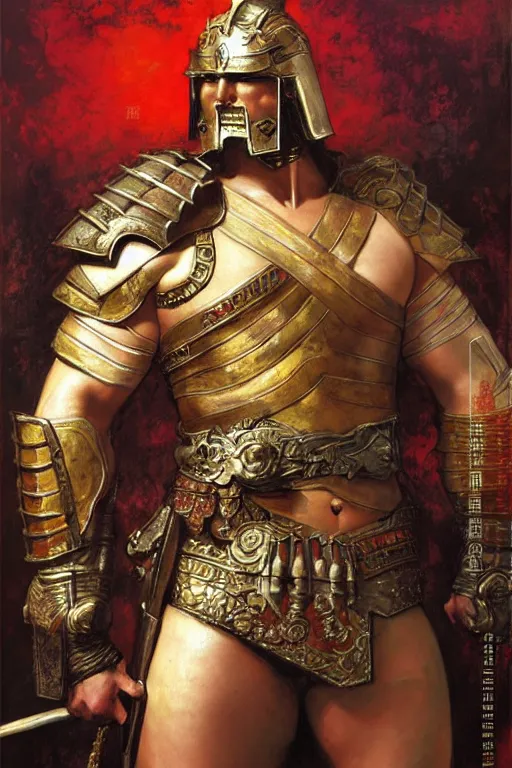 Image similar to attractive beefy male with armor, tang dynasty, character design, colorful, painting by gaston bussiere, craig mullins, j. c. leyendecker, tom of finland