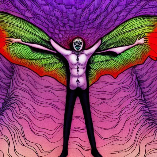 Prompt: Psychedelic mothman by Junji Ito and Satoshi Kon, post-processing, beautiful