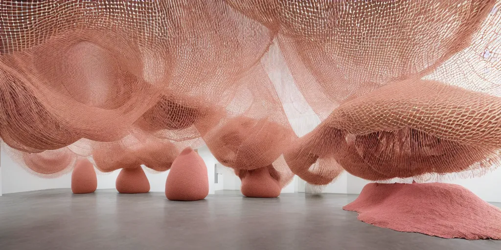 Image similar to soft biomorphic tactile structures out of stocking - like material and nets that fills with various objects like spices, sand and rocks by ernesto neto, light - mint with light - pink color