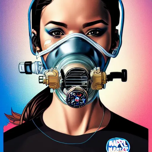 Prompt: portrait of a female diver with a oxygen mask intricate detailed mask with front profile by MARVEL comics and Sandra Chevrier