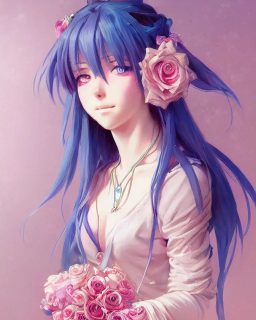 Image similar to blue eyed pink haired anime girl, roses everywhere, highly detailed, digital painting, artstation, concept art, smooth, sharp focus, illustration, art by artgerm and greg rutkowski and alphonse mucha