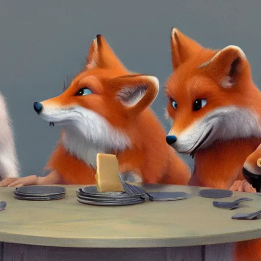 Prompt: foxes judging a cheese competition, furry, cute, disney concept art, pixar, artstation, detailed, award winning, dramatic lighting, snooty expression, smug