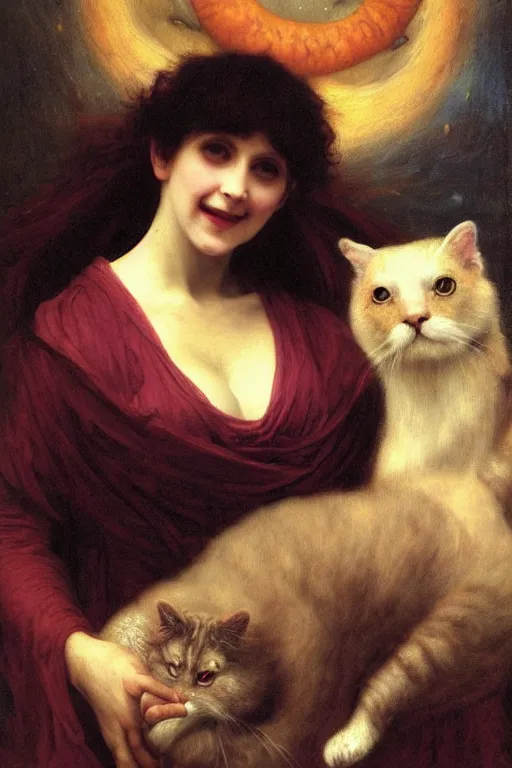 Image similar to a renaissance oil painting by alma tadema of demonic vampire evil woman with mischievous smile and fish eyes hugging a large fluffy cat, colourful pastel trending artstation, detailed portrait academic bouguereau high shadow contrast medium shot, sharp focus cosmic nebula background