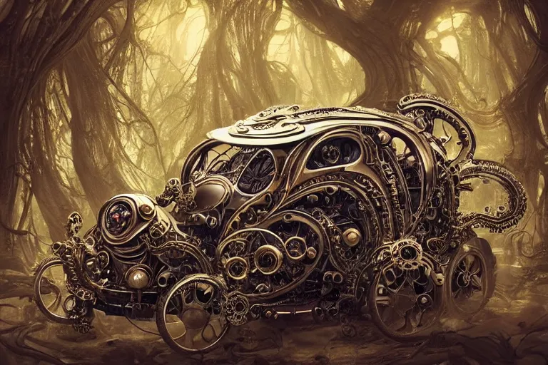 Image similar to biomechanical shiny steampunk vehicle reminiscent of bugatti chiron with (glowing) lights and octopus tentacles parked in ancient mystic woods, gothic and baroque, brutalist architecture, ultradetailed, creepy ambiance, fog, artgerm, giger, Intricate by Ellen Jewett and Josan Gonzalez and Giuseppe Arcimboldo