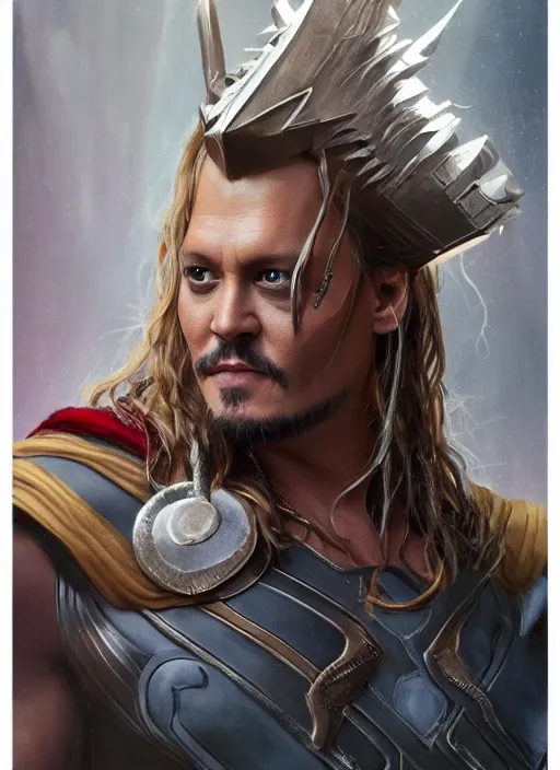 Image similar to johnny depp as thor, naturel, hyper detailed, digital art, trending in artstation, cinematic lighting, studio quality, smooth render, unreal engine 5 rendered, octane rendered, art style by klimt and nixeu and ian sprigger and wlop and krenz cushart